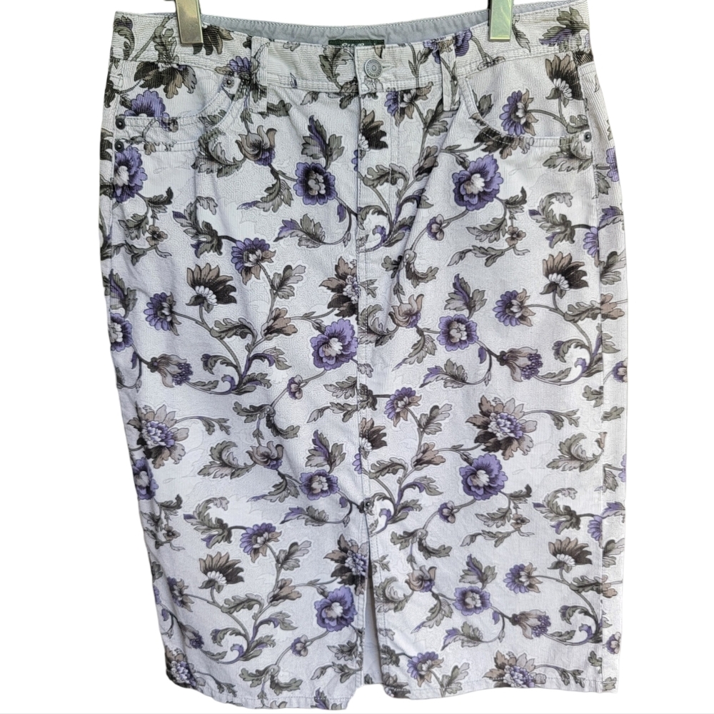 Eddie Bauer Corduroy Floral Pencil Skirt Straight Front Slit Cottage-cor…
